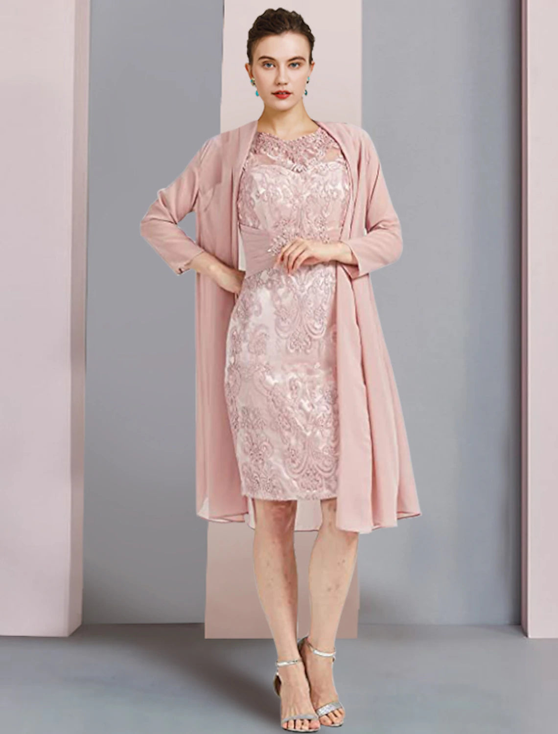 wholesale  Two Piece Sheath / Column Mother of the Bride Dress Formal Wedding Guest Elegant Scoop Neck Knee Length Chiffon Lace Sleeveless Jacket Dresses with Beading Appliques