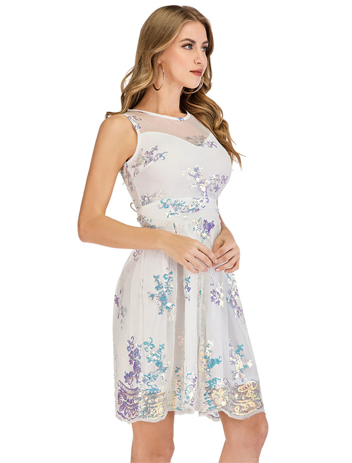 wholesa A-Line Cocktail Dresses Glittering Dress Party Wear Cocktail Party Short / Mini Sleeveless Illusion Neck Tulle with Pleats Sequin