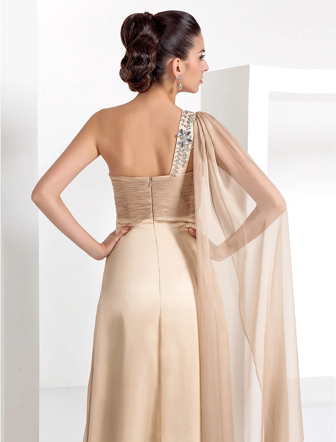 Wholesa  Sheath / Column Elegant Formal Evening Black Tie Gala Dress One Shoulder Sleeveless Floor Length Chiffon with Criss Cross Crystals