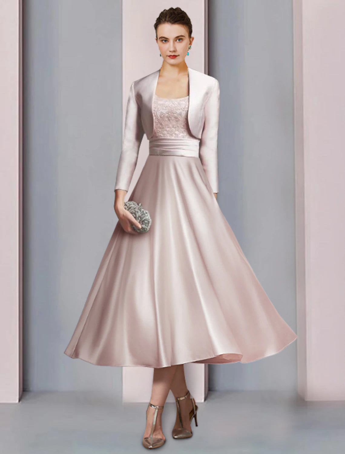 wholesale  Two Piece A-Line Mother of the Bride Dress Formal Church Party Elegant Scoop Neck Tea Length Satin Lace Half Sleeve with Appliques Ruching