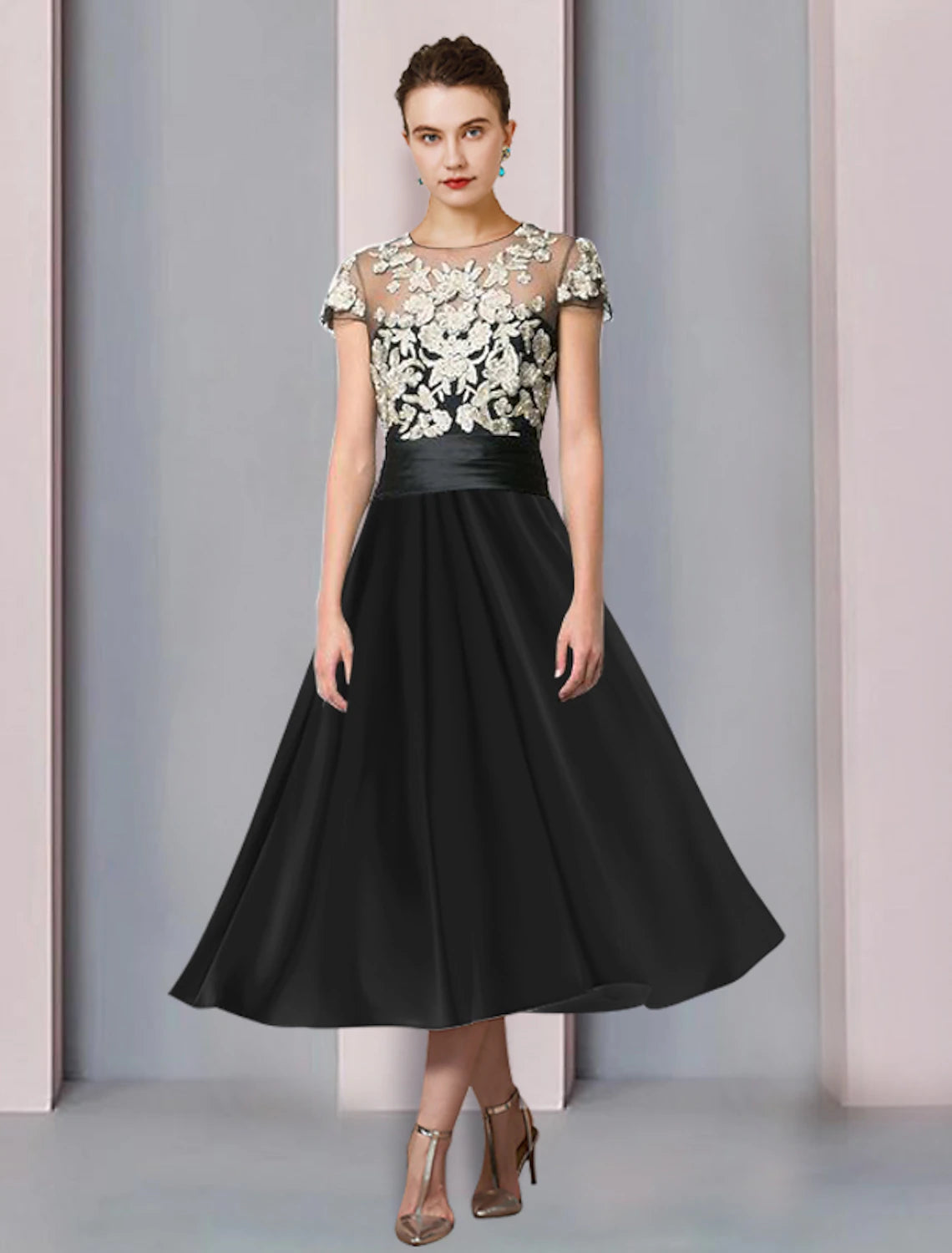 wholesale  A-Line Mother of the Bride Dress Wedding Guest Party Elegant Scoop Neck Tea Length Satin Short Sleeve with Lace Pleats