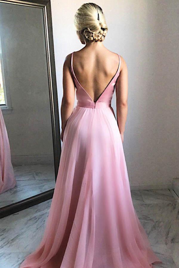 Wholesa A-Line V-Neck Sweep Train Pink Chiffon Prom Party Dress