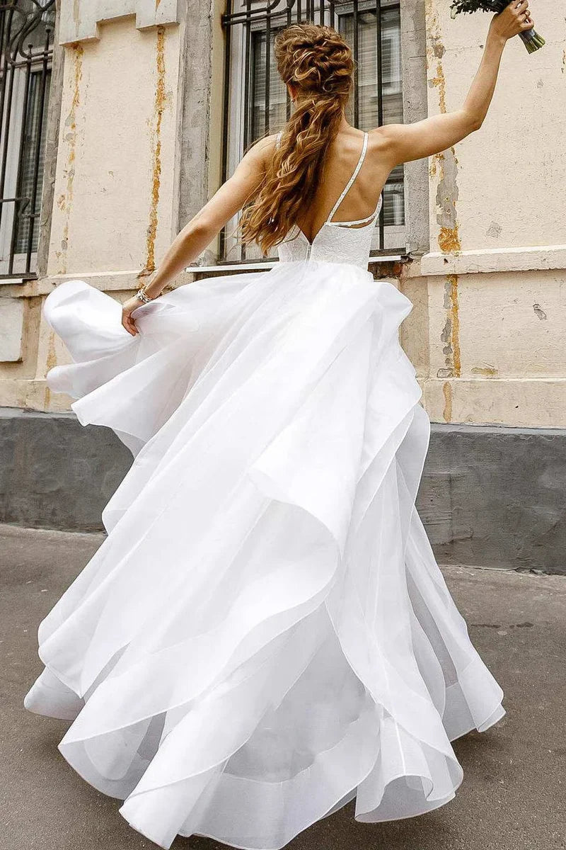 Wholesa A-line Spaghetti Layered Wedding Dress With Lace Top