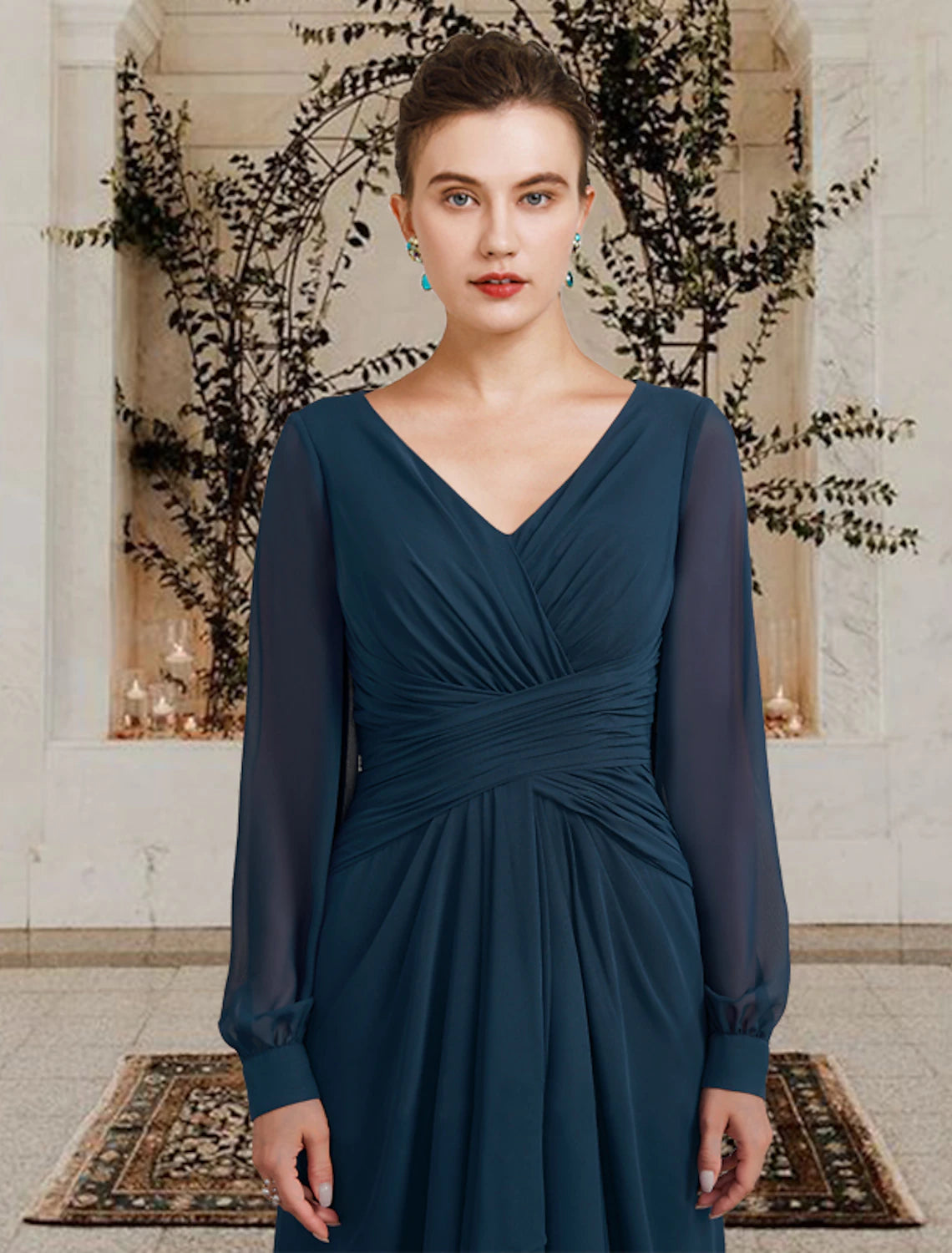 wholesale  A-Line Mother of the Bride Dress Wedding Guest Plus Size Elegant V Neck Floor Length Chiffon Long Sleeve with Ruched Ruffles Side-Draped Fall