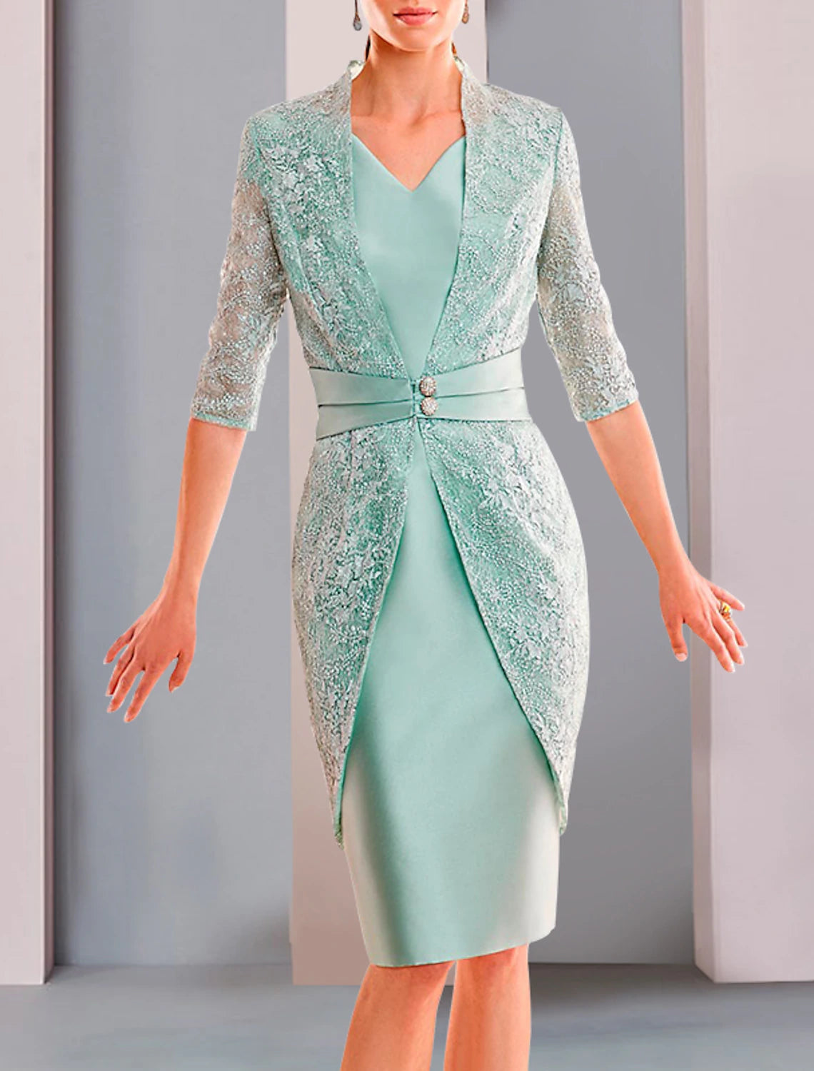 wholesale  Sheath / Column Mother of the Bride Dress Formal Wedding Guest Minimalist Elegant V Neck Knee Length Satin Lace Half Sleeve with Solid Color