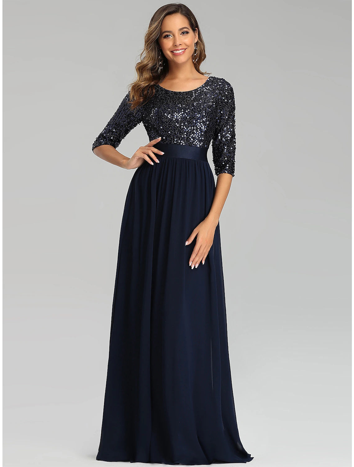 wholesa A-Line Elegant Wedding Guest Formal Evening Dress Jewel Neck 3/4 Length Sleeve Floor Length Tulle with Sequin