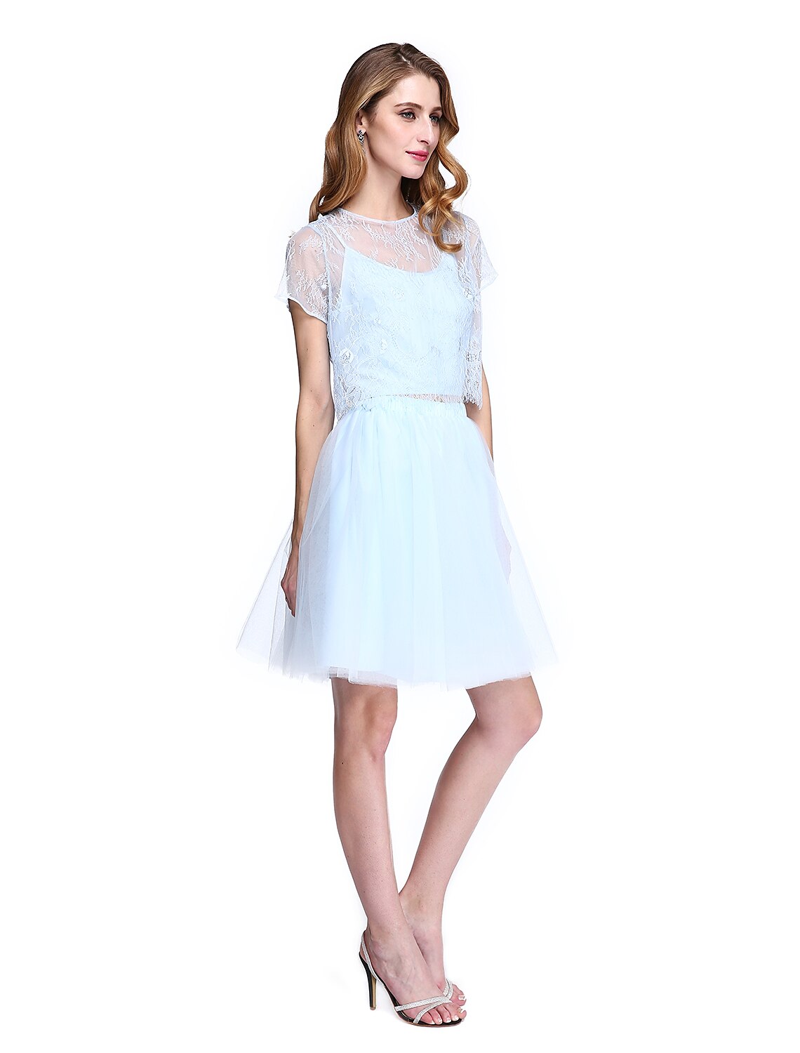 wholesale  A-Line Mother of the Bride Dress Two Piece Jewel Neck Knee Length Lace Tulle Short Sleeve No with Lace