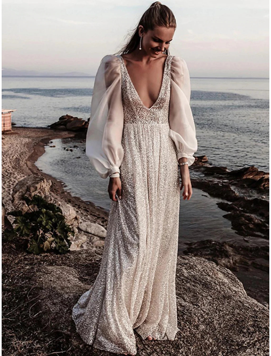 wholesale  Beach Open Back Boho Wedding Dresses A-Line V Neck Long Sleeve Sweep / Brush Train Sequined Bridal Gowns With Pleats