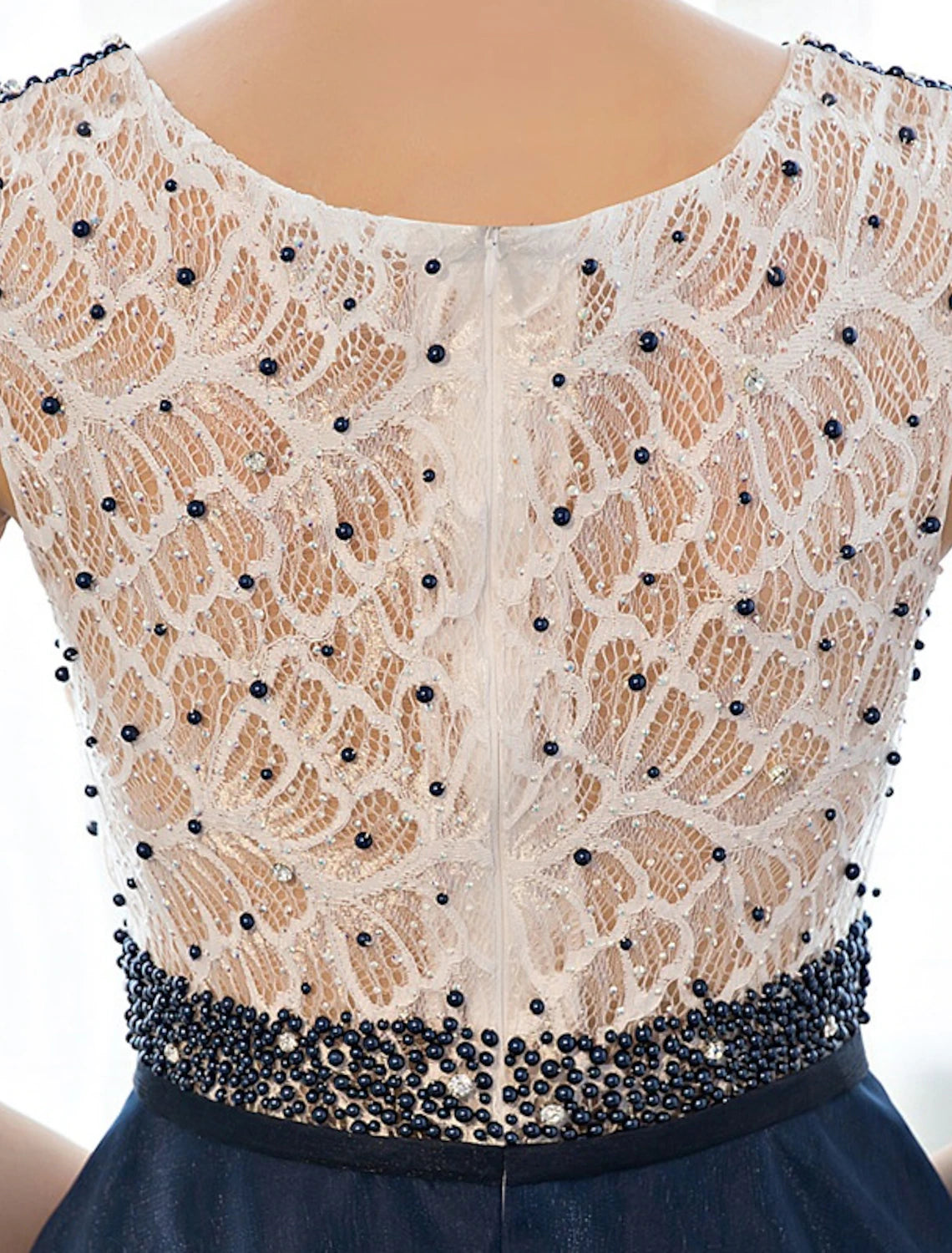 Wholesa A-Line Beautiful Back Elegant Beaded & Sequin Prom Formal Evening Dress Illusion Neck Sleeveless Floor Length Tulle Over Lace with Beading