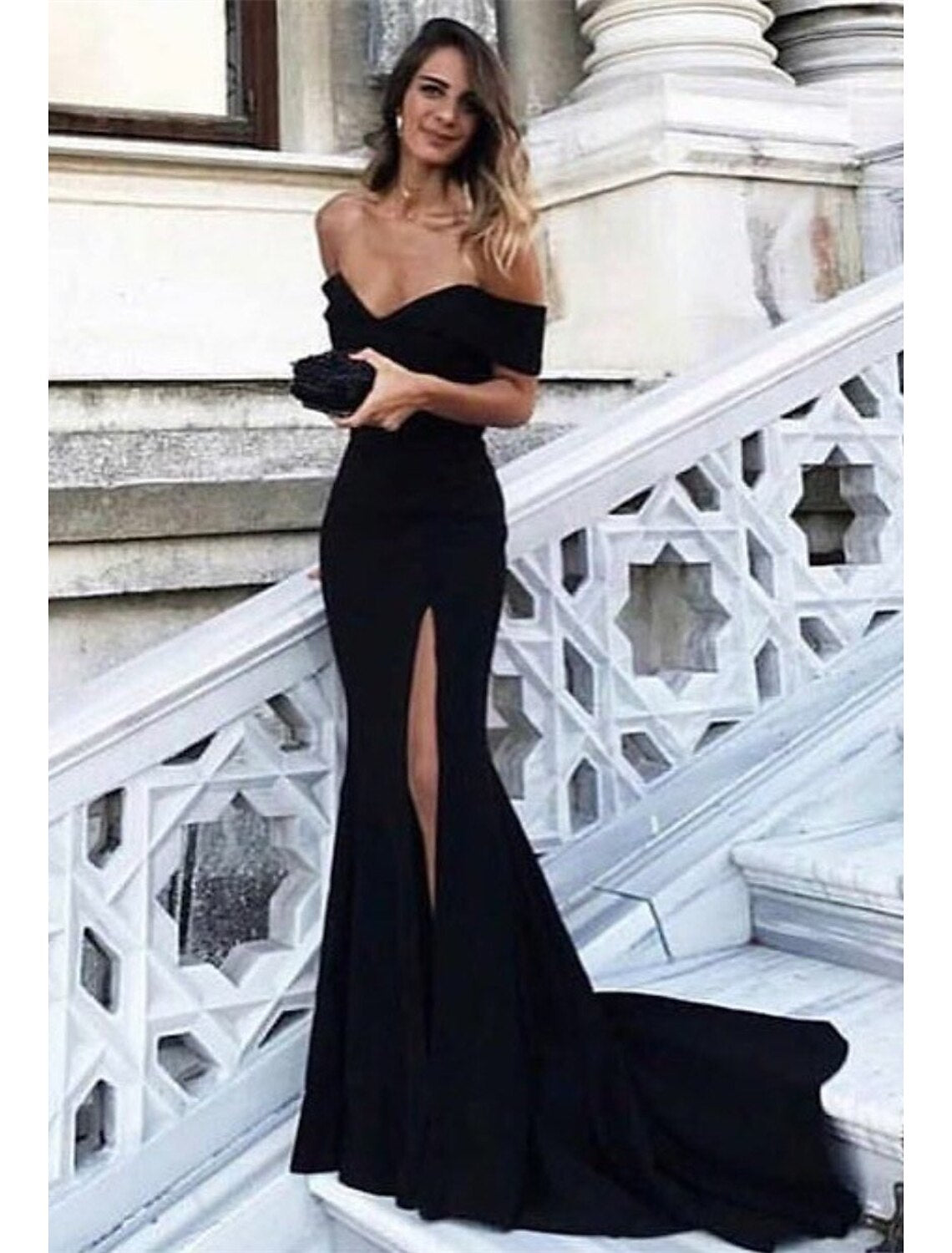 Wholesa  Sheath / Column Elegant Prom Formal Evening Dress Off Shoulder Sleeveless Court Train Spandex with Slit
