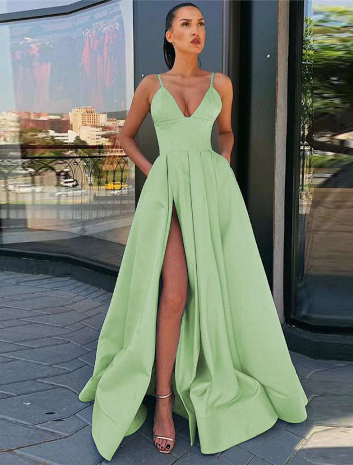 wholesale  A-Line Black Dress Prom Dress High Split Evening Dress Formal Birthday Summer Dress Spaghetti Strap Sleeveless Sweep / Brush Train Satin with Pleats Split Front