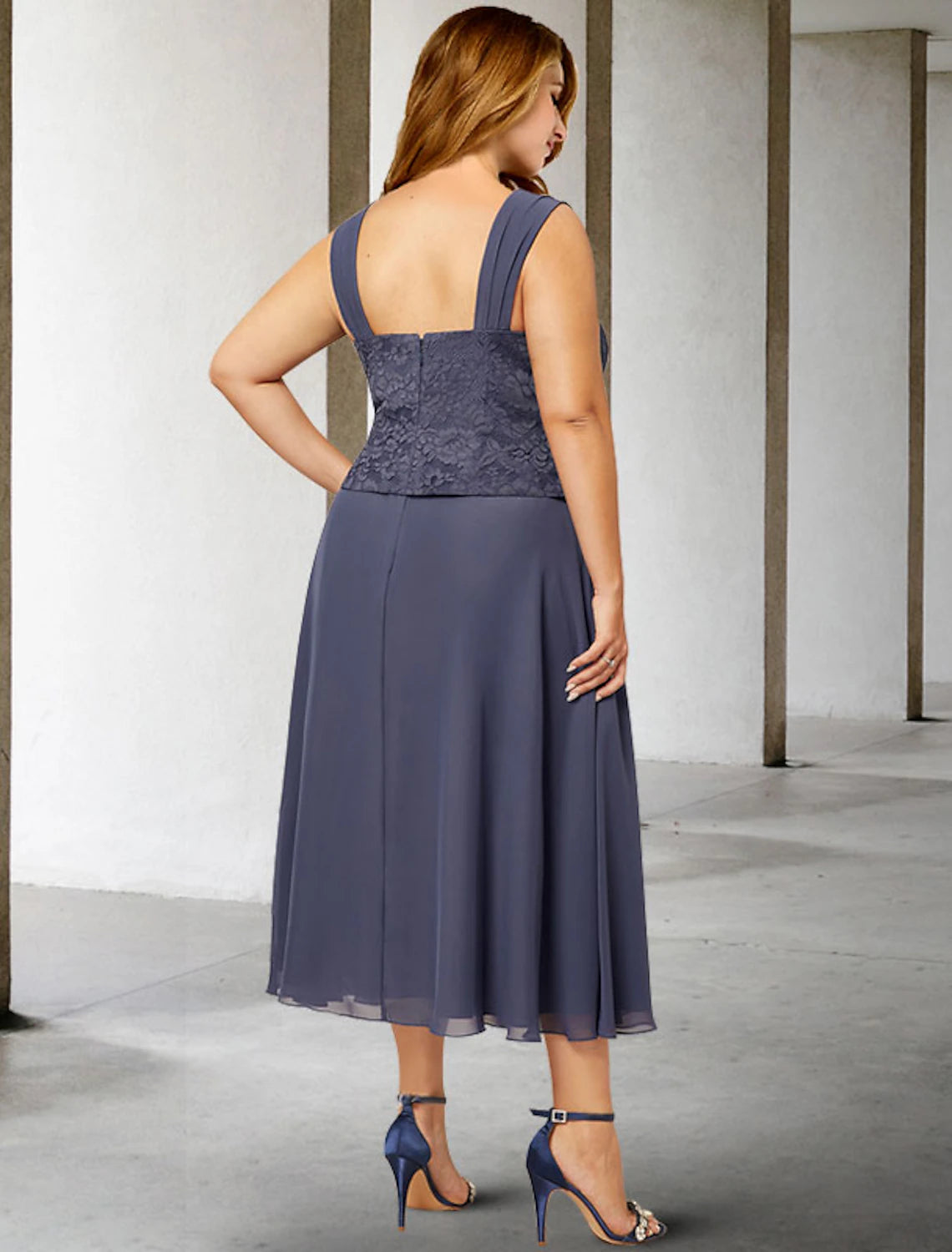 wholesale  Two Piece A-Line Mother of the Bride Dresses Plus Size Hide Belly Curve Elegant Dress Formal Tea Length Sleeveless Square Neck Chiffon with Beading