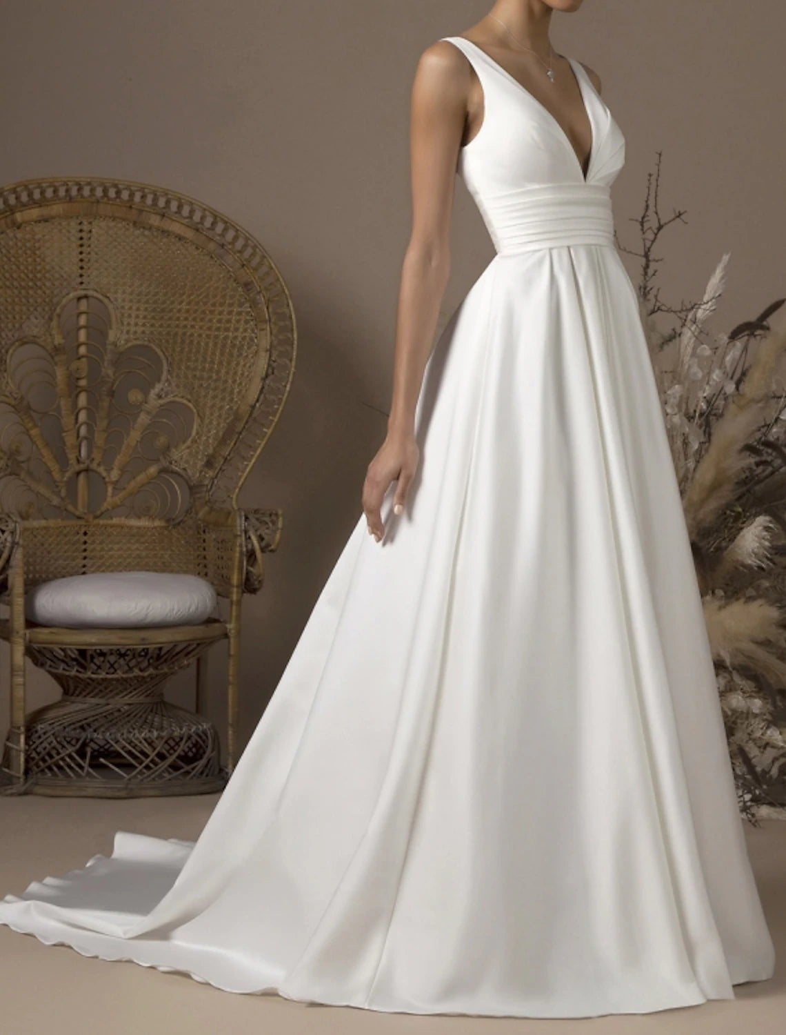 Wholesa Hall Simple Wedding Dresses A-Line V Neck Sleeveless Sweep / Brush Train Satin Bridal Gowns With Pleats
