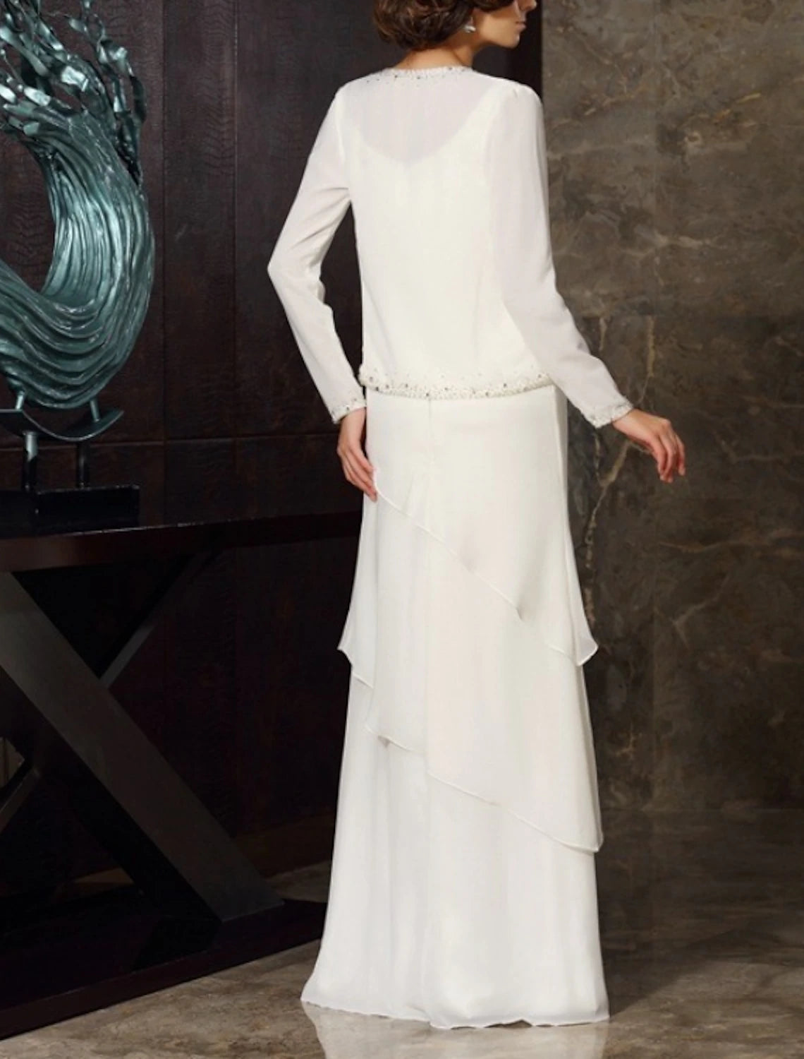 Wholesa Two Piece Sheath / Column Mother of the Bride Dress Wedding Guest Elegant Plus Size Jewel Neck Floor Length Chiffon Long Sleeve Wrap Included Short Jacket Dresses with Beading Cascading Ruffles