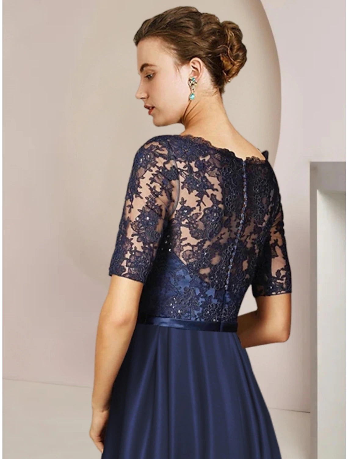 wholesale  Sheath / Column Mother of the Bride Dress Wedding Guest Party Elegant Scoop Neck Tea Length Satin Lace Short Sleeve with Bow(s) Pleats Appliques