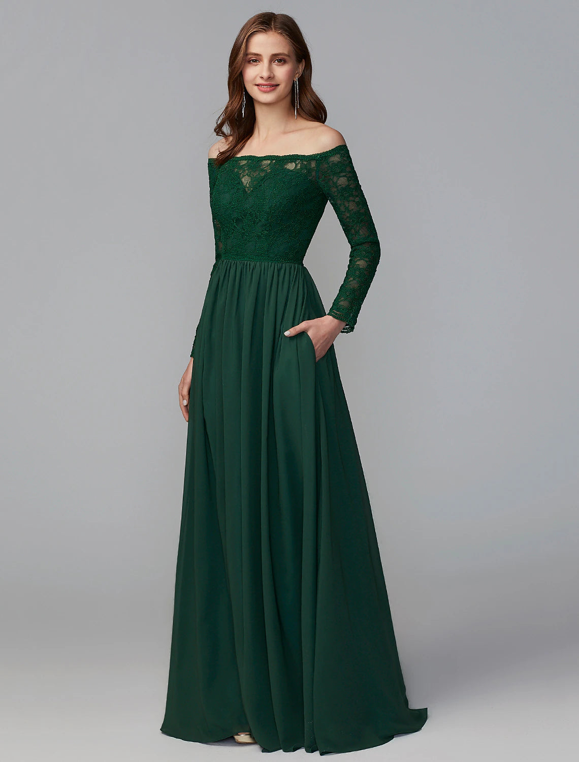 wholesale  A-Line Bridesmaid Dress Off Shoulder Long Sleeve Elegant Floor Length Chiffon / Lace with Lace