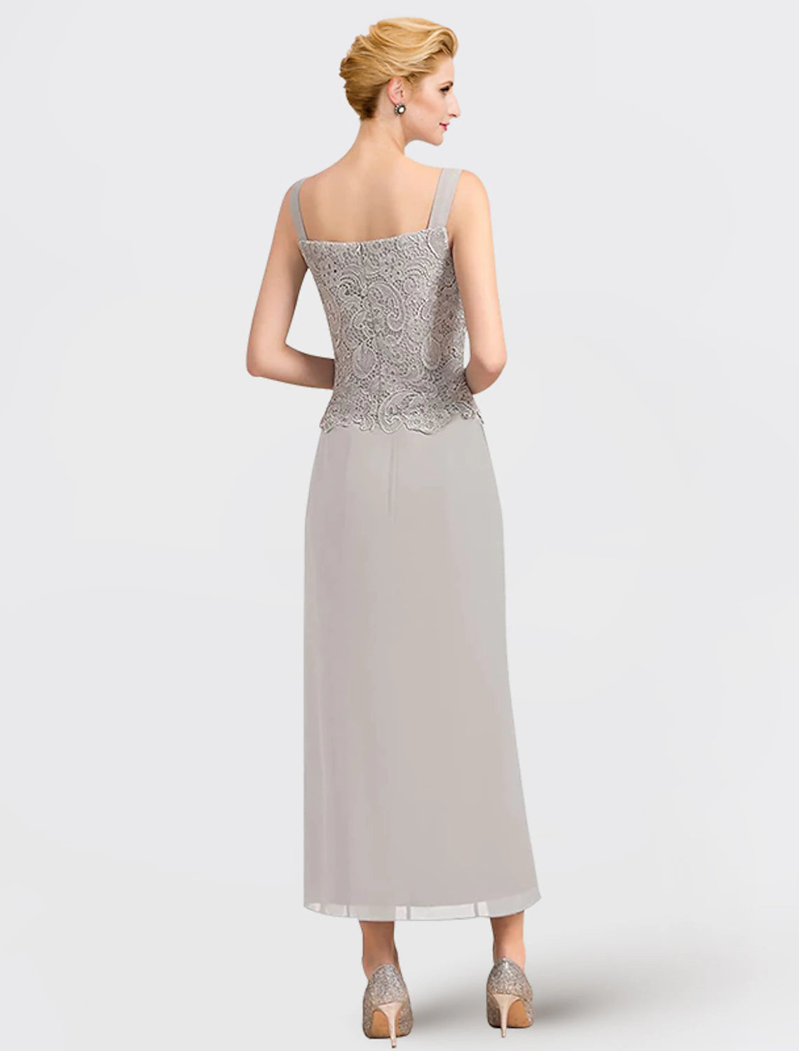 wholesale  Two Piece Mother of the Bride Dress Formal Wedding Guest Elegant Square Neck Ankle Length Chiffon Lace Sleeveless Wrap Included with Appliques