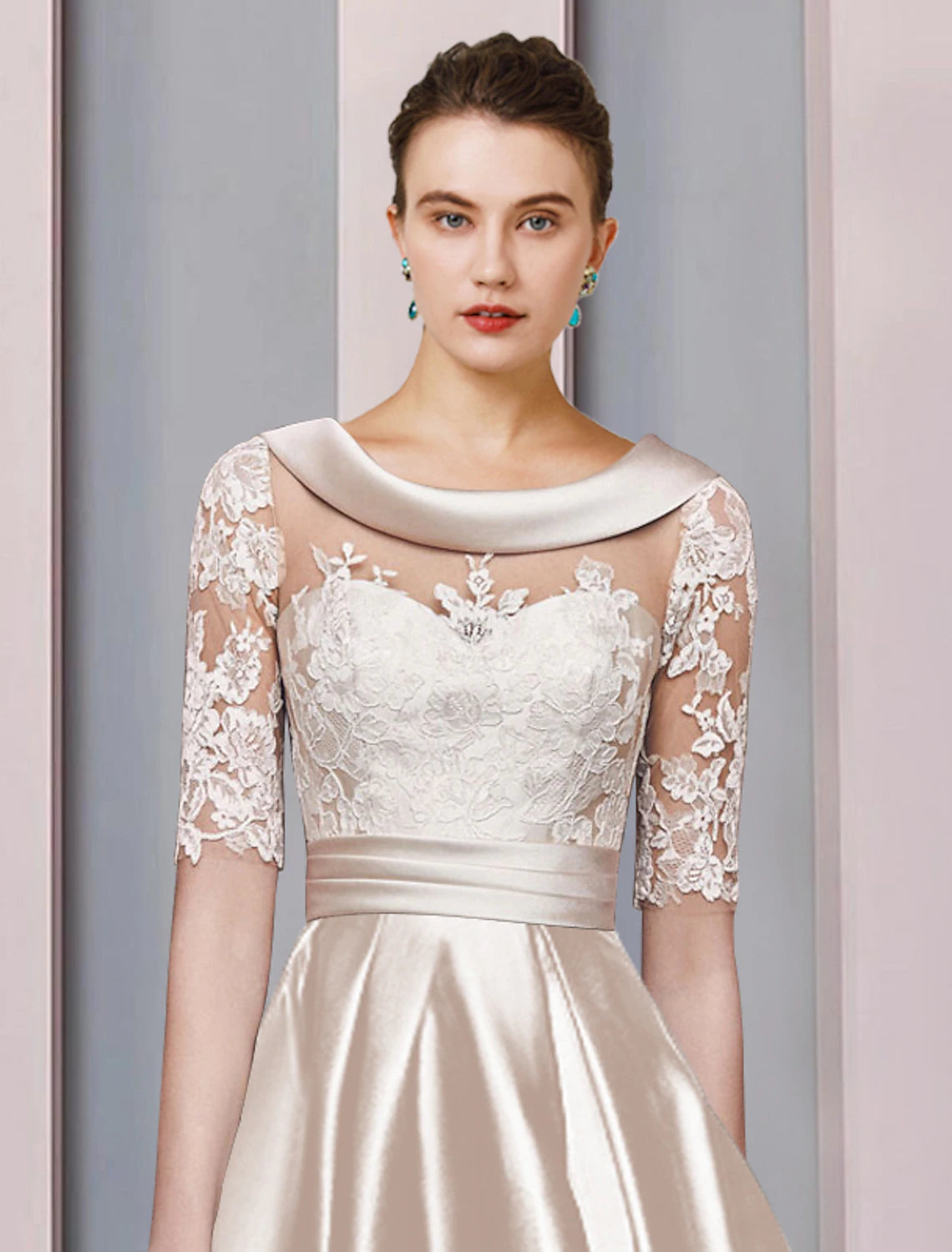 wholesale  A-Line Mother of the Bride Dress Wedding Guest Elegant High Low Scoop Neck Asymmetrical Tea Length Satin Lace Half Sleeve with Appliques