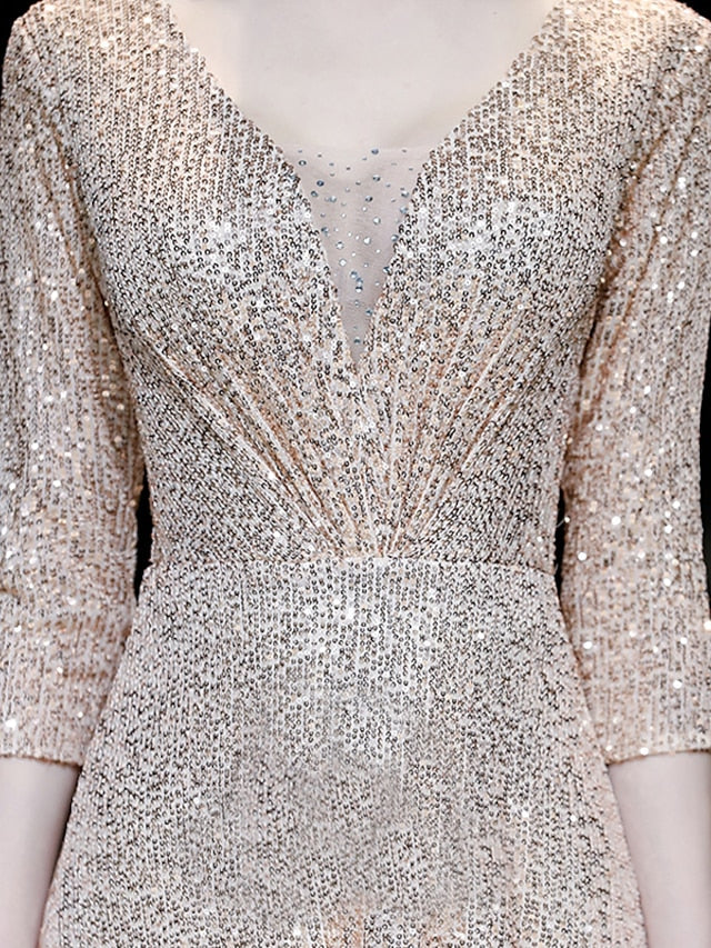 Wholesa A-Line Prom Dresses Sparkle Dress Engagement Floor Length 3/4 Length Sleeve V Neck Sequined with Pleats Sequin