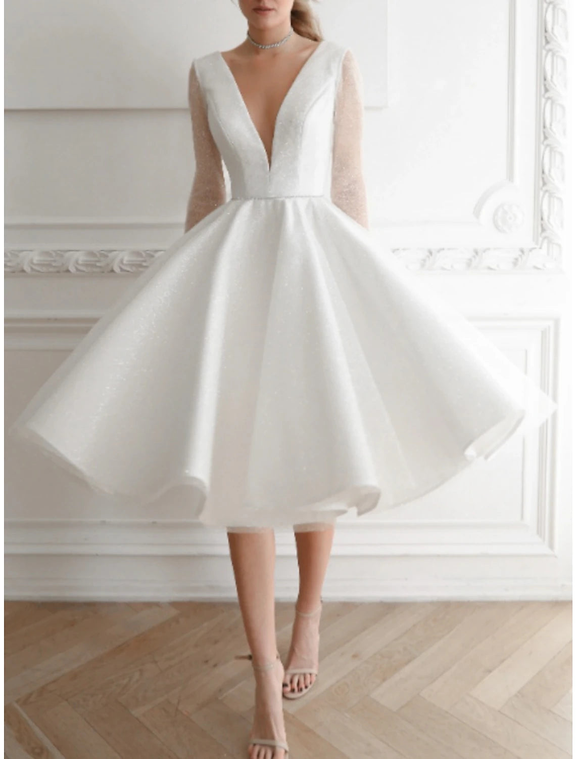 Wholesa  Little White Dresses Wedding Dresses A-Line V Neck Long Sleeve Knee Length Sequined Bridal Gowns With Pleats Solid Color