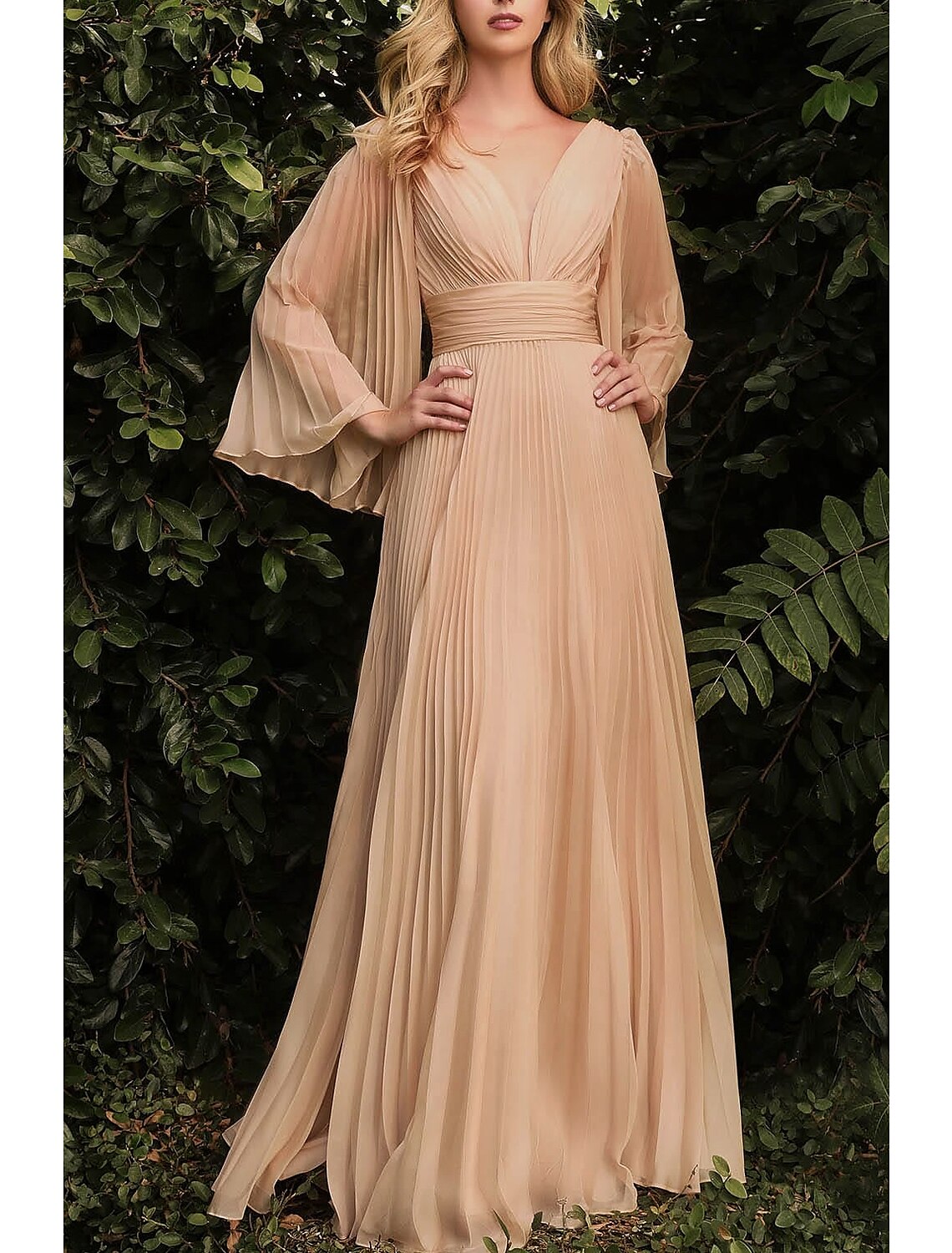 Wholesa Sheath / Column Wedding Guest Dresses Elegant Dress Wedding Guest Floor Length Long Sleeve V Neck Chiffon with Pleats Ruched