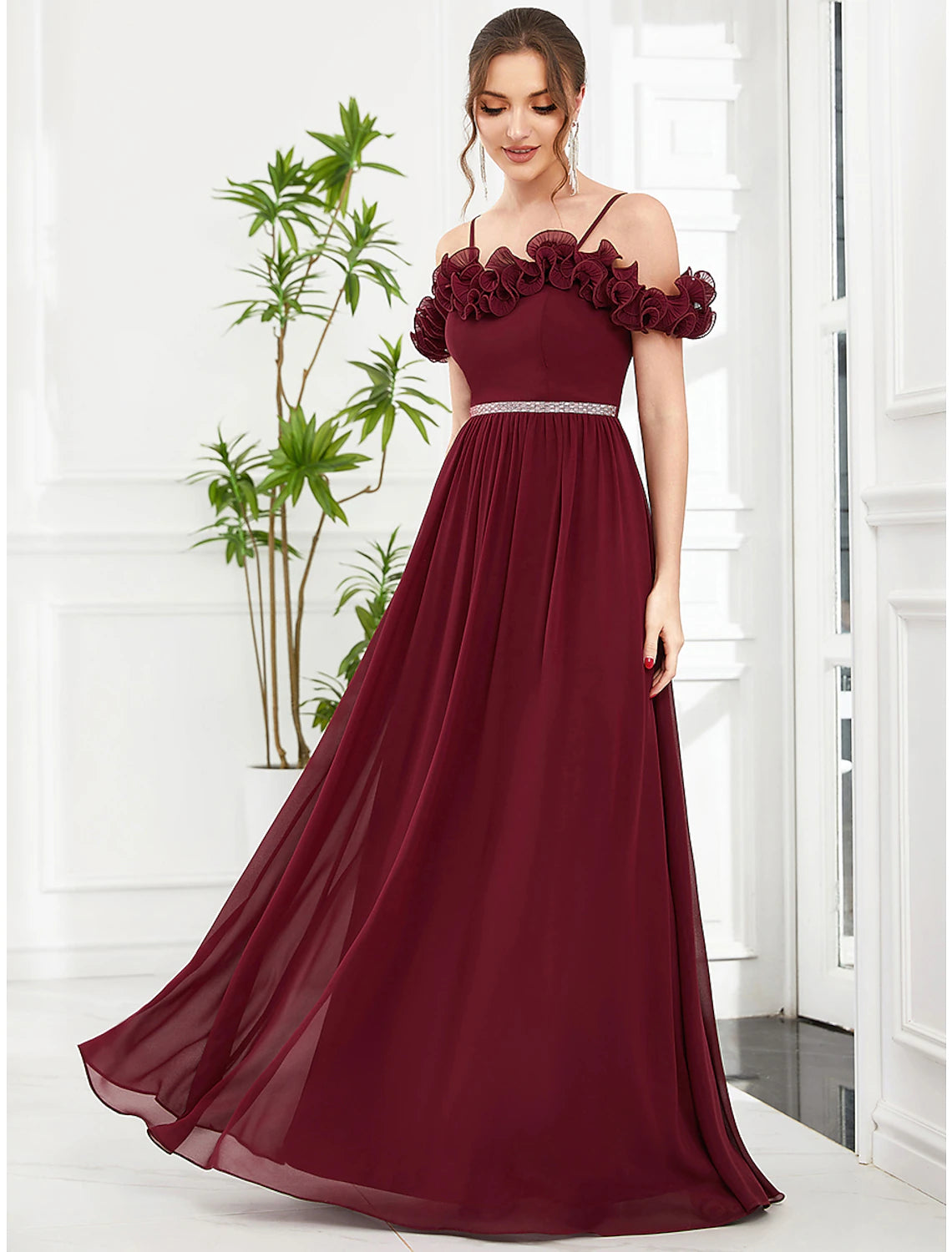 wholesa A-Line Prom Dresses Vintage Dress Wedding Guest Birthday Floor Length Sleeveless Off Shoulder Bridesmaid Dress Chiffon with Appliques Shouder Flower