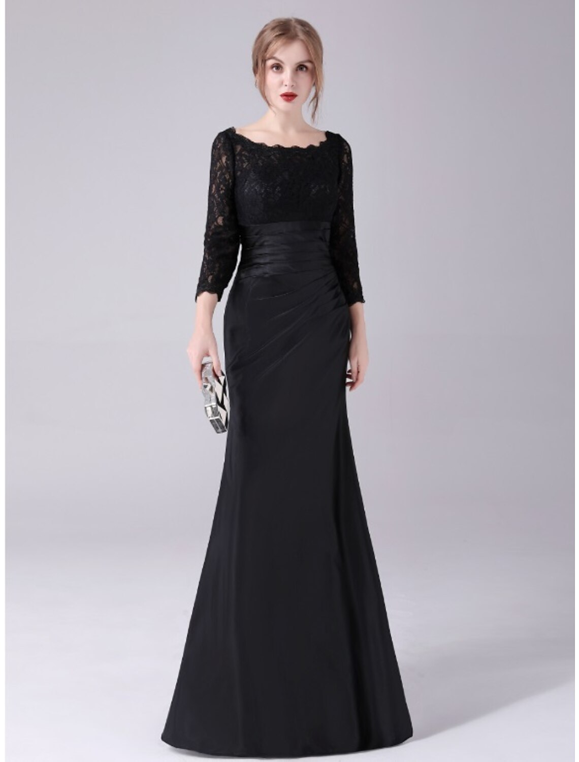 wholesale  Mermaid / Trumpet Mother of the Bride Dress Plus Size Elegant Jewel Neck Floor Length Stretch Satin 3/4 Length Sleeve with Lace Ruching