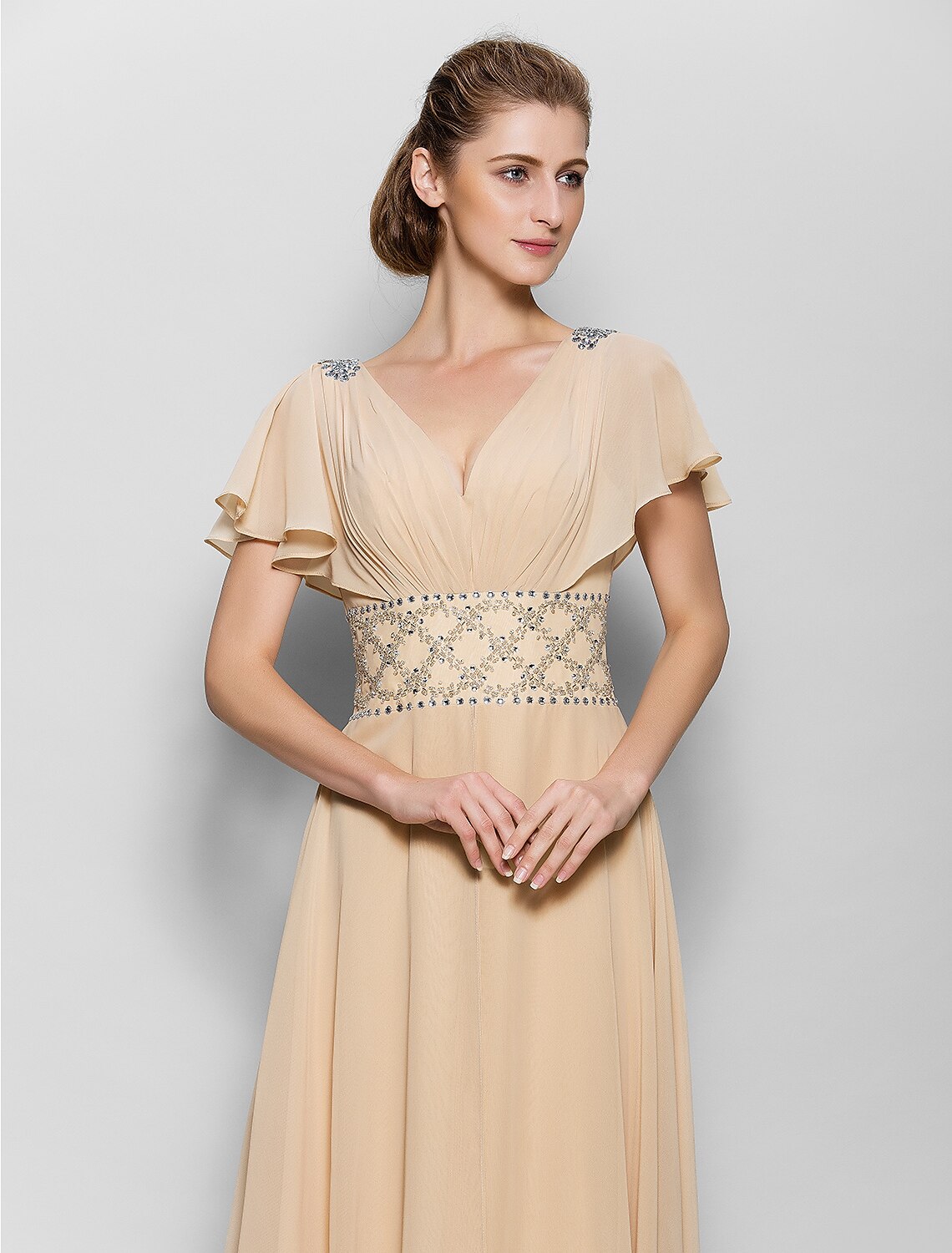 wholesale  A-Line Mother of the Bride Dress Beautiful Back V Neck Floor Length Chiffon Short Sleeve No with Criss Cross Beading