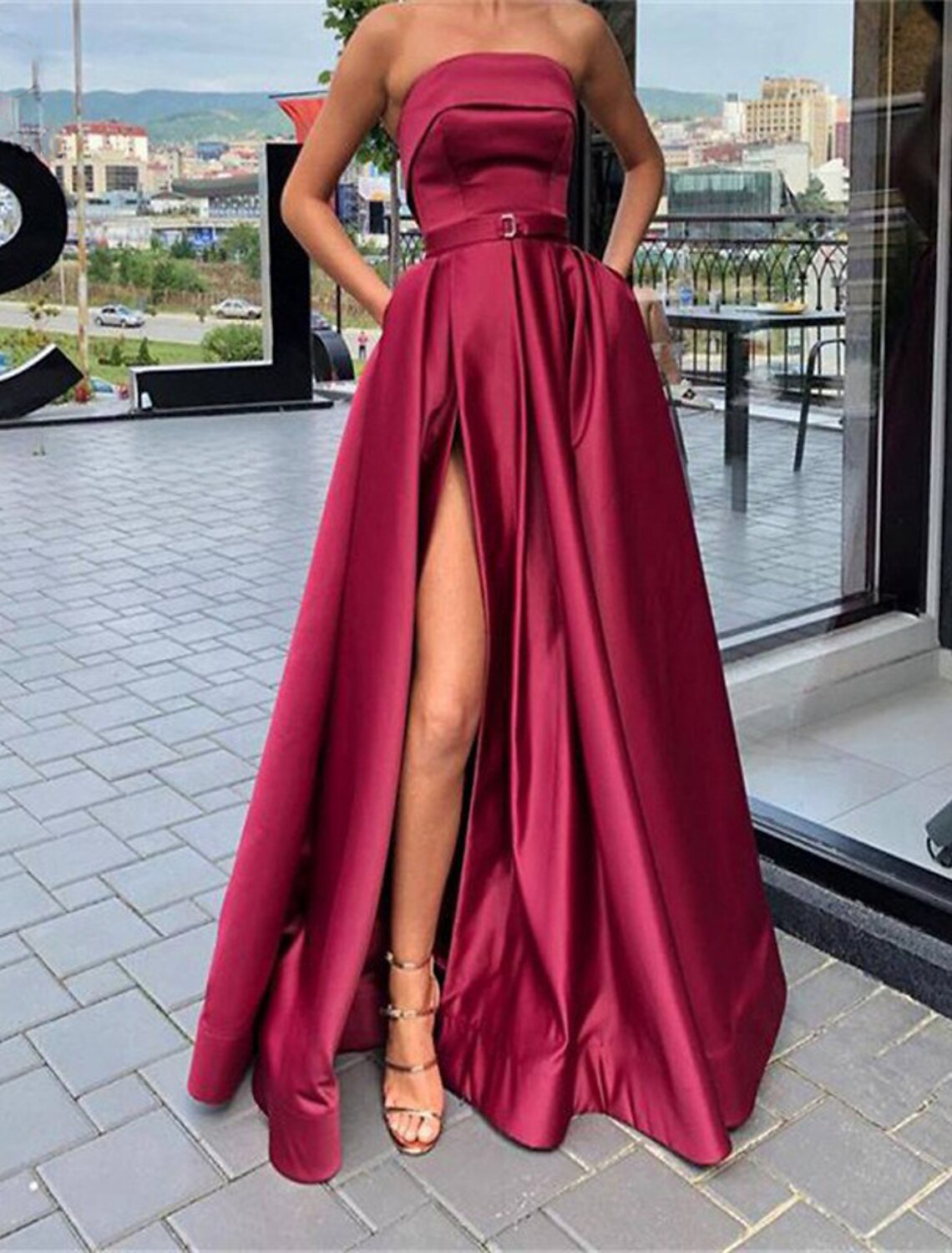 wholesale   A-Line Prom Dresses Minimalist Dress Wedding Guest Prom Floor Length Sleeveless Strapless Lace with Pleats Slit
