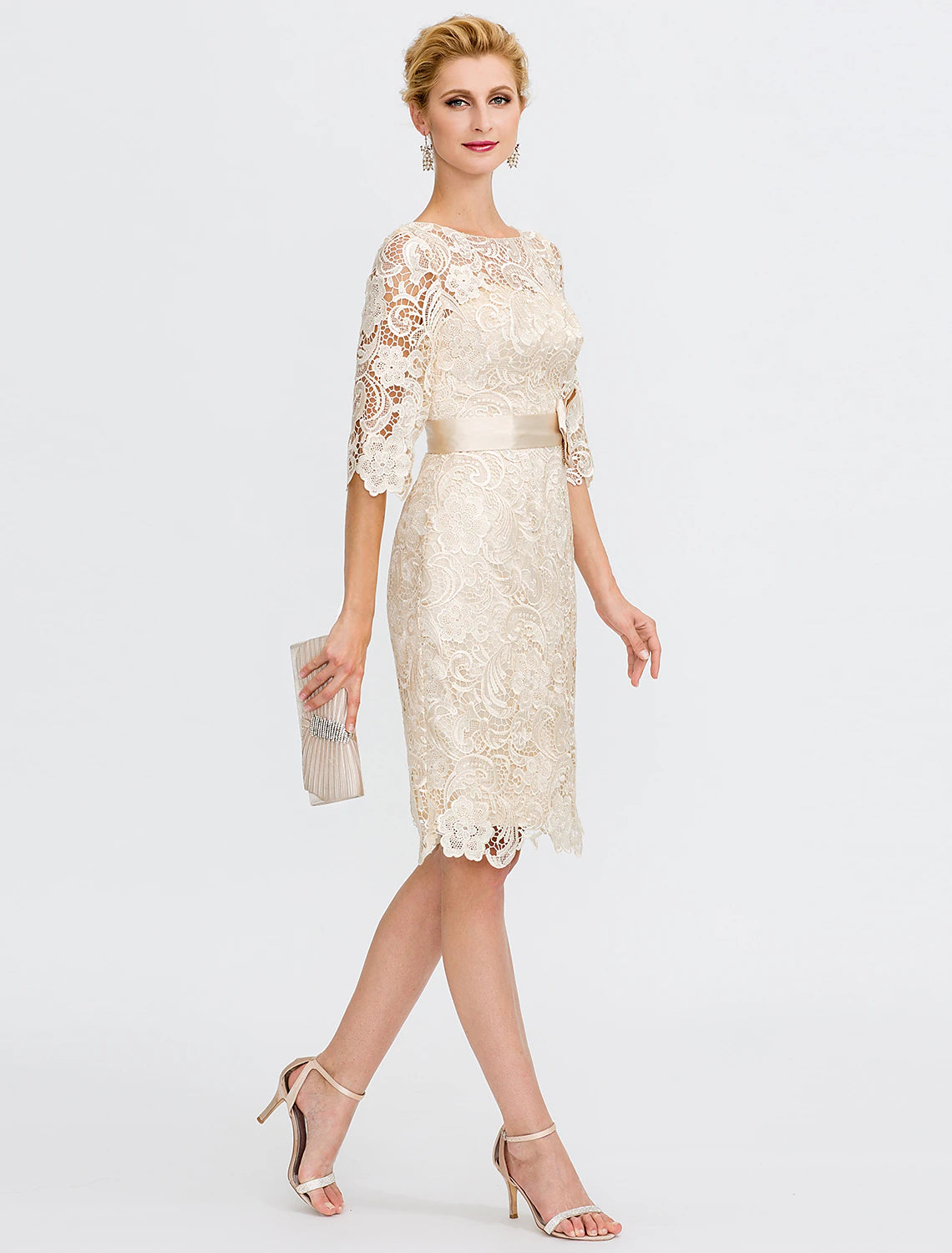 wholesale  Sheath / Column Mother of the Bride Dress Formal Wedding Guest Plus Size Elegant Illusion Neck Knee Length All Over Lace 3/4 Length Sleeve with Bow(s)