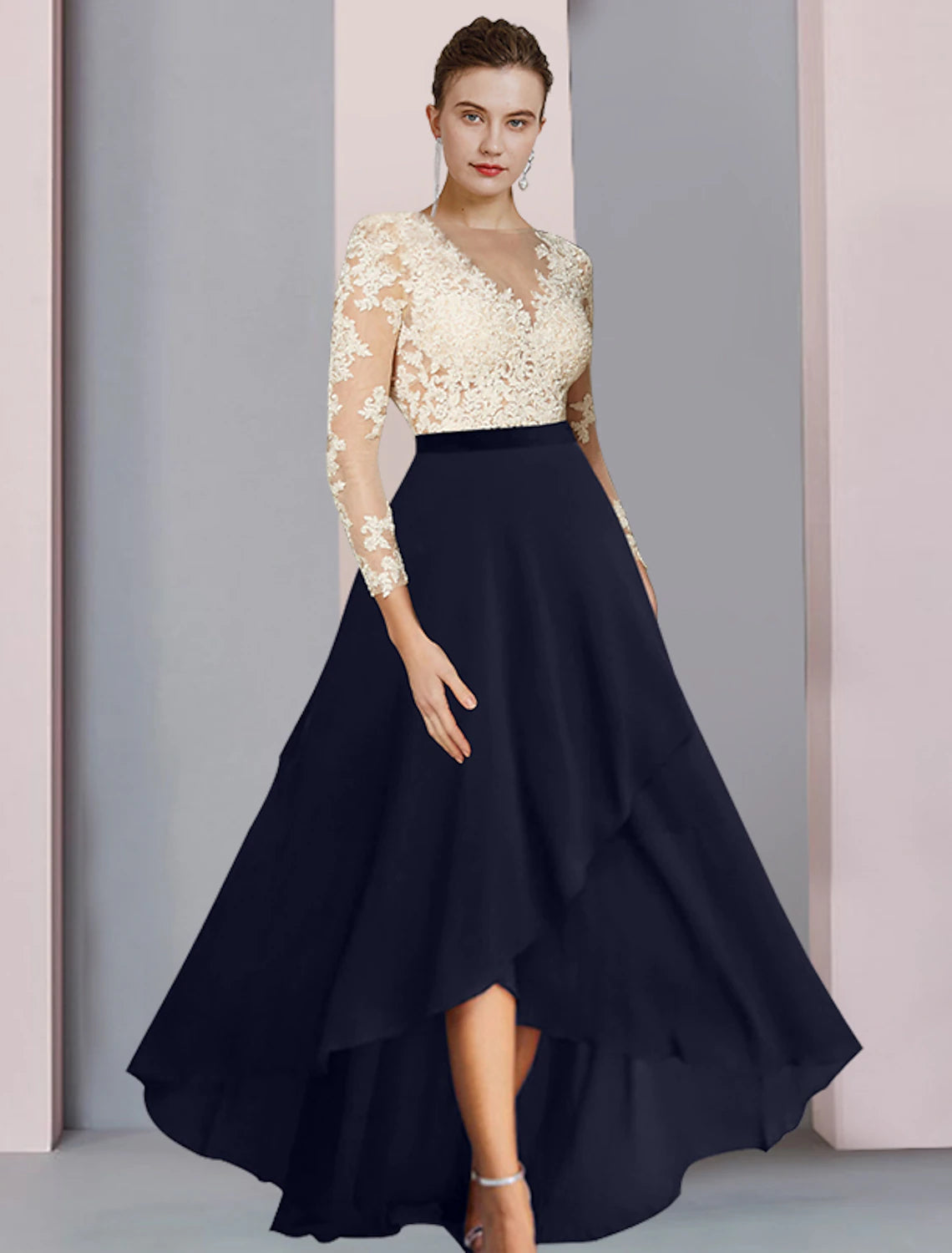 wholesale  Sheath / Column Mother of the Bride Dress Wedding Guest Party Elegant V Neck Asymmetrical Chiffon Lace Long Sleeve with Pleats Color Block