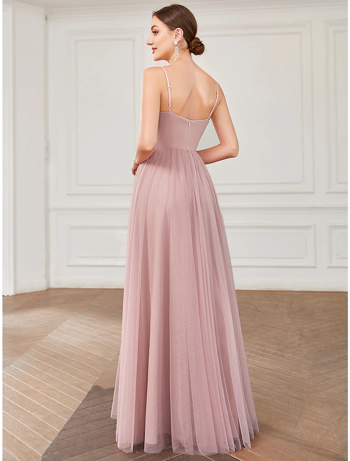 Wholesa A-Line Prom Dresses Vintage Dress Wedding Guest Prom Floor Length Sleeveless V Neck Bridesmaid Dress Tulle V Back with Pleats Draping