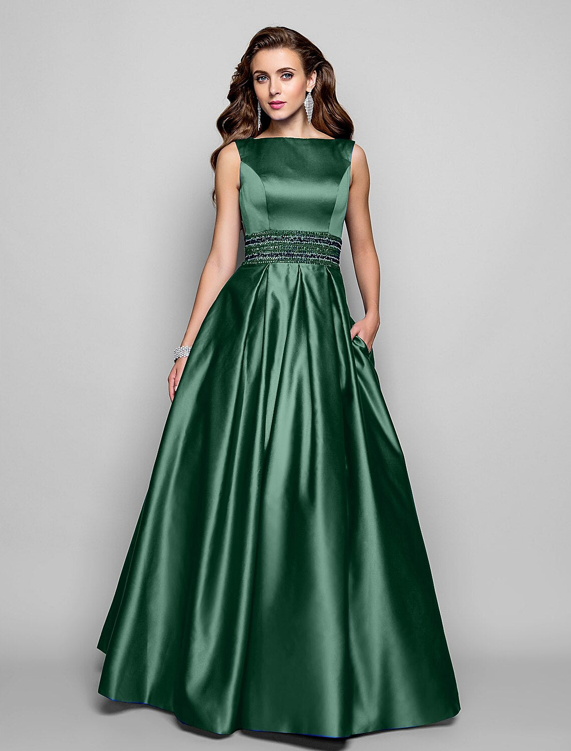 Wholesa A-Line Elegant Dress Wedding Guest Prom Floor Length Sleeveless Boat Neck Pocket Satin with Pleats Beading