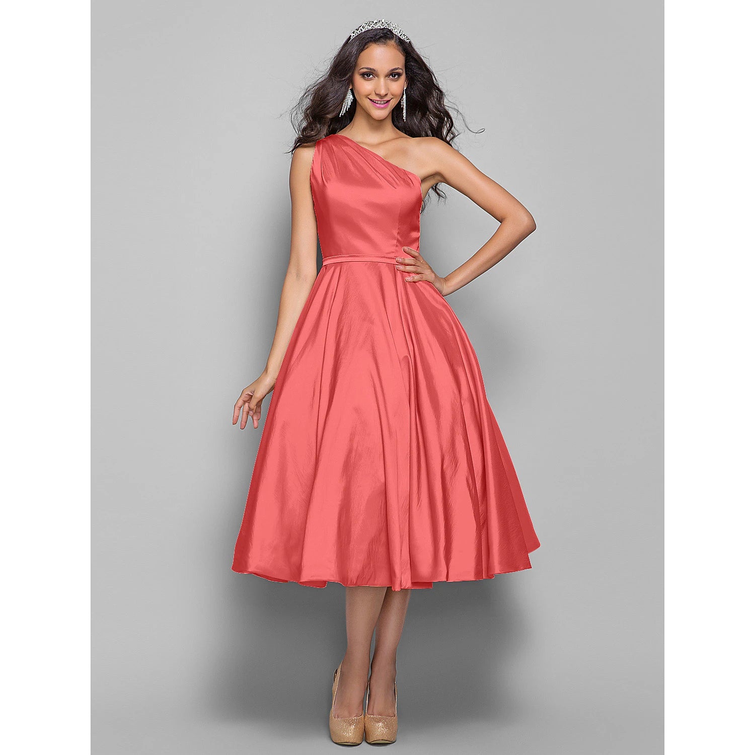 wholesale  A-Line Minimalist Elegant Cocktail Party Wedding Party Dress One Shoulder Sleeveless Tea Length Taffeta with Sash / Ribbon