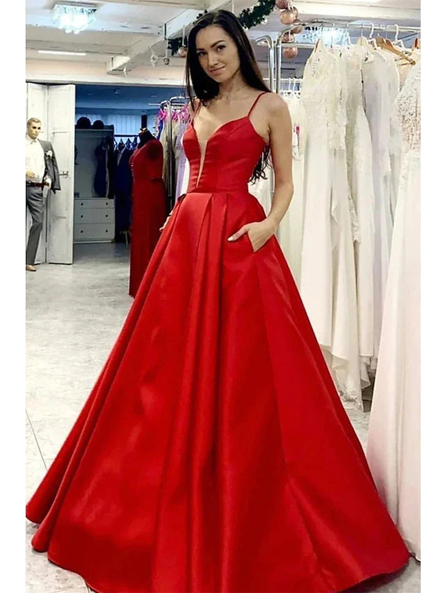 Wholesa A-Line Prom Dresses Minimalist Dress Formal Floor Length Sleeveless V Neck Pocket Satin with Pleats