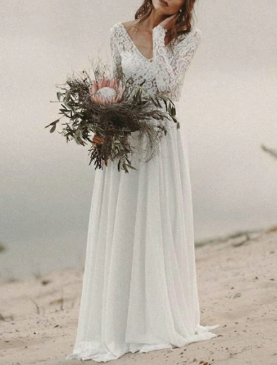 wholesale  Beach Boho Wedding Dresses A-Line V Neck Long Sleeve Sweep / Brush Train Chiffon Bridal Gowns