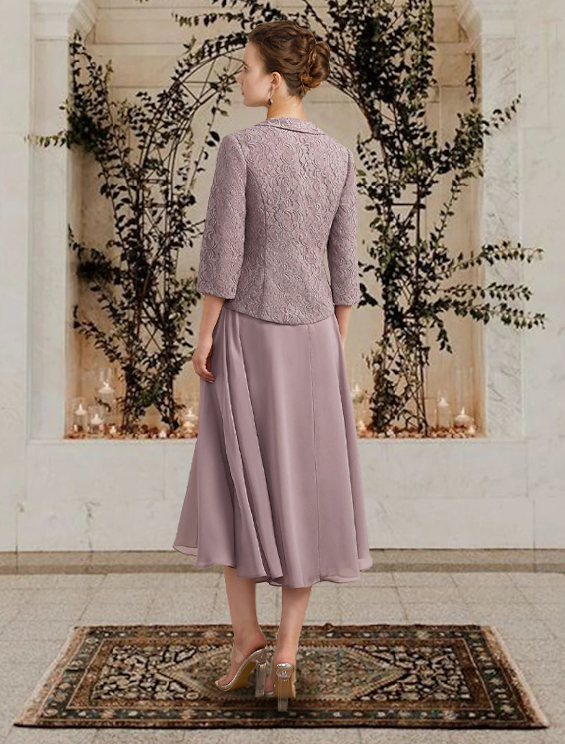 wholesale  Two Piece A-Line Mother of the Bride Dress Church Elegant Jewel Neck Floor Length Tea Length Chiffon Lace Sleeveless Short Jacket Dresses with Ruffles Appliques