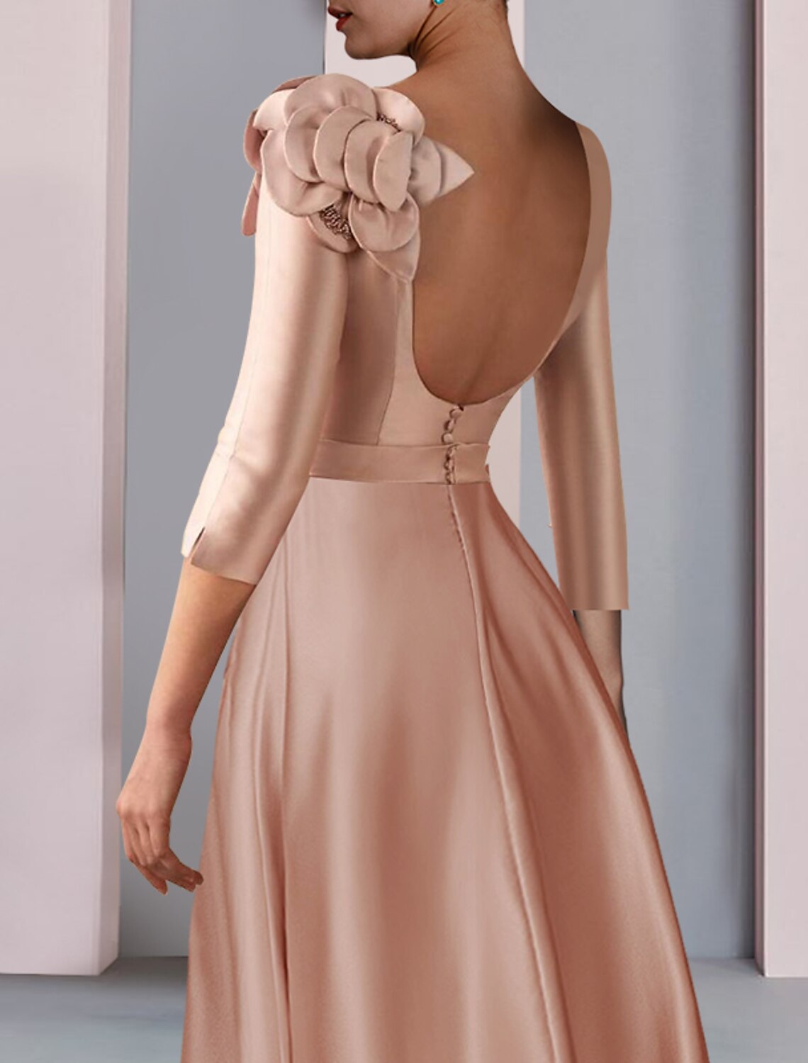 wholesale  A-Line Mother of the Bride Dress Formal Wedding Guest Party Elegant V Neck Tea Length Satin Lace Half Sleeve with Flower