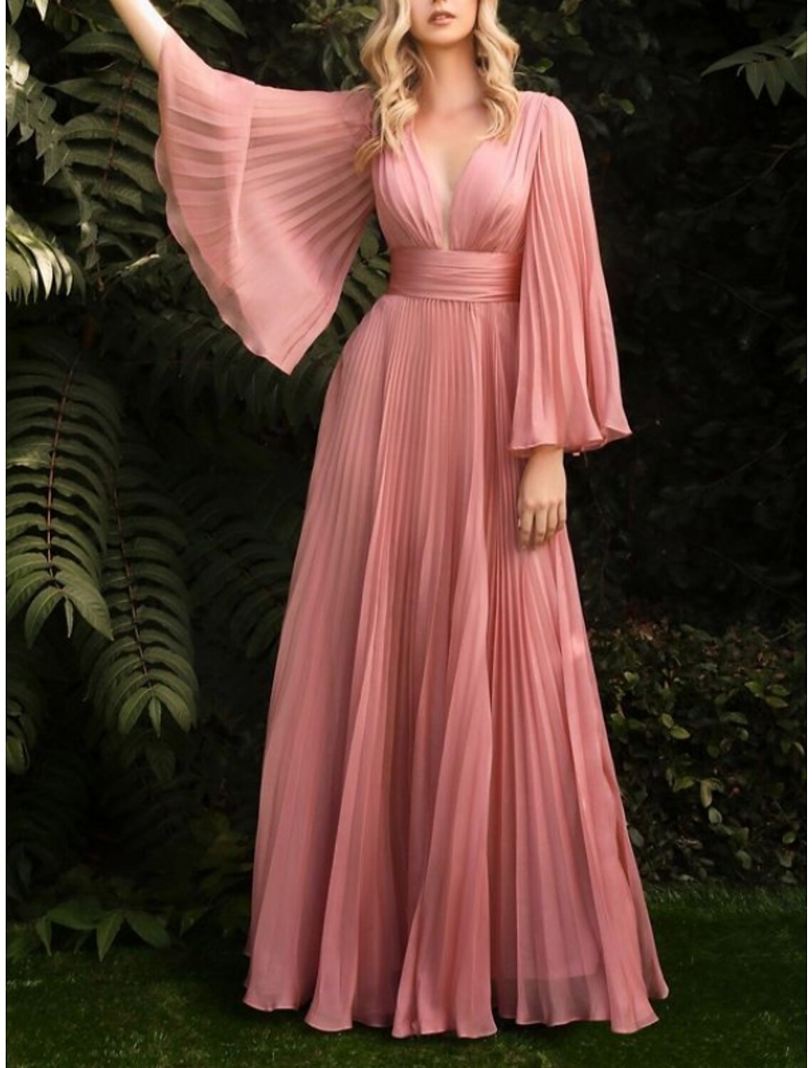 Wholesa Sheath / Column Wedding Guest Dresses Elegant Dress Wedding Guest Floor Length Long Sleeve V Neck Chiffon with Pleats Ruched