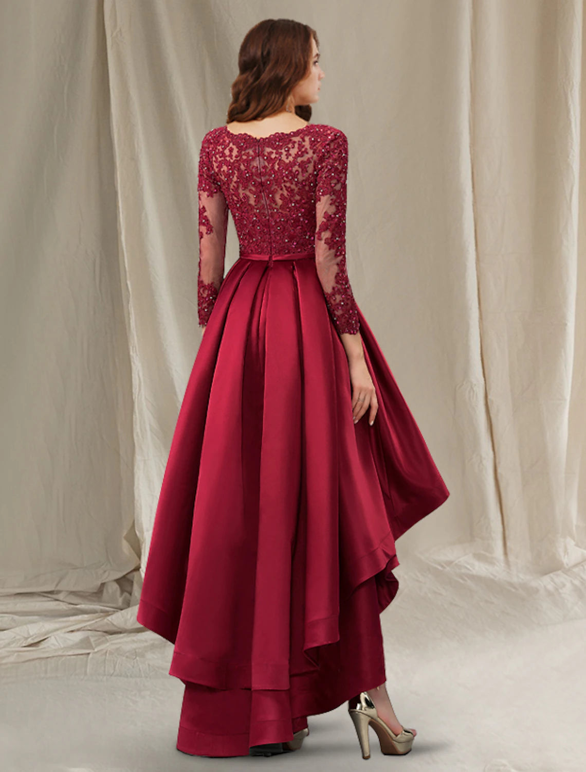 wholesale  A-Line Mother of the Bride Dress Luxurious Elegant High Low V Neck Asymmetrical Floor Length Satin Lace Half Sleeve with Beading Appliques