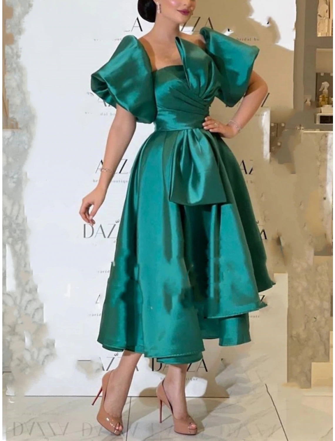 Wholesa A-Line Cocktail Dresses Elegant Dress Formal Wedding Guest Tea Length Short Sleeve Square Neck Satin with Pleats Butterfly