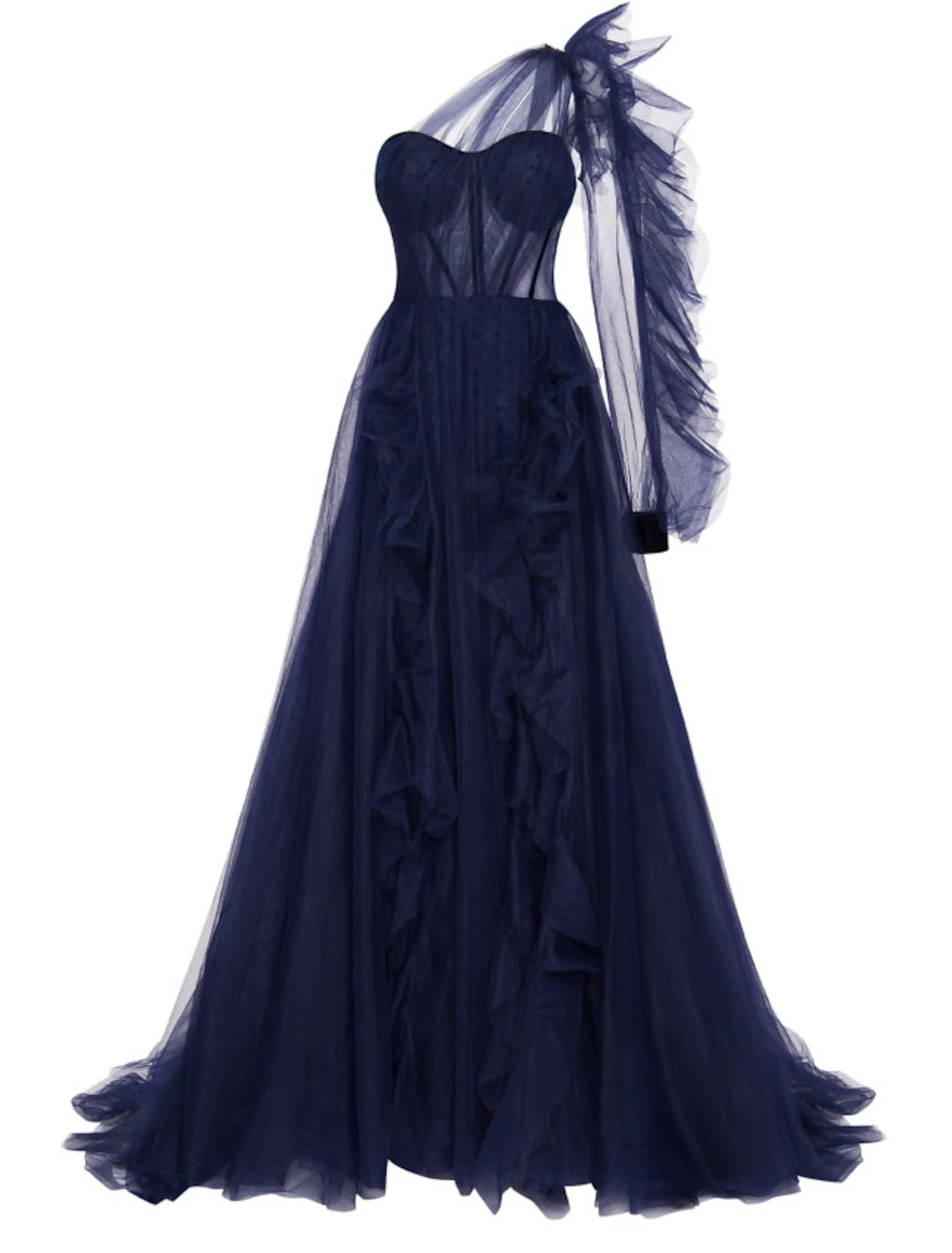 wholesale   A-Line Evening Gown Corsets Dress Engagement Formal Evening Court Train Long Sleeve One Shoulder Wednesday Addams Family Tulle with Ruffles Slit