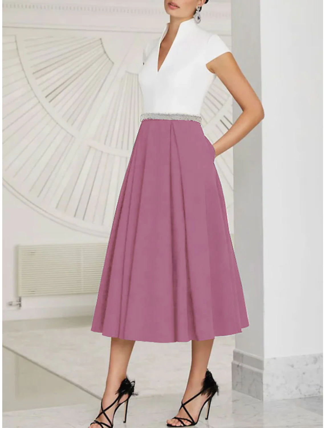 Wholesa A-Line Mother of the Bride Dress Elegant Vintage V Neck Tea Length Stretch Fabric Short Sleeve with Sash / Ribbon Pleats