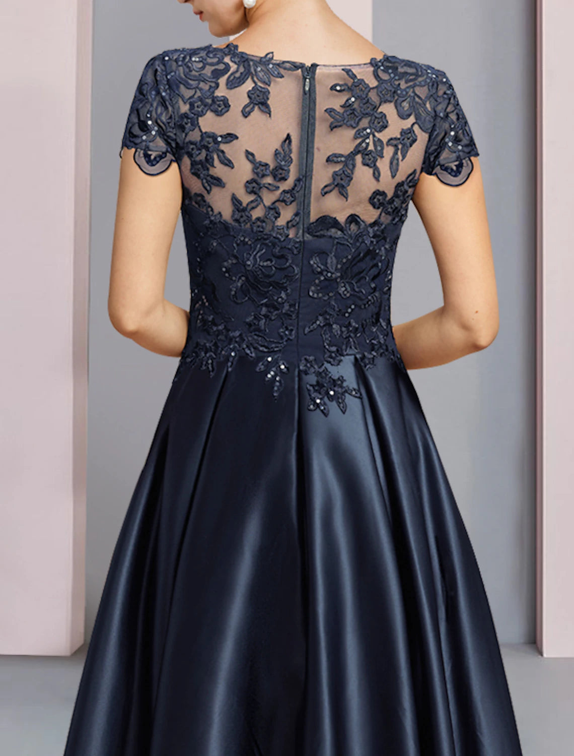 wholesale   A-Line Mother of the Bride Dress Formal Wedding Guest Party Elegant High Low Scoop Neck Asymmetrical Tea Length Satin Lace Half Sleeve with Sequin Appliques