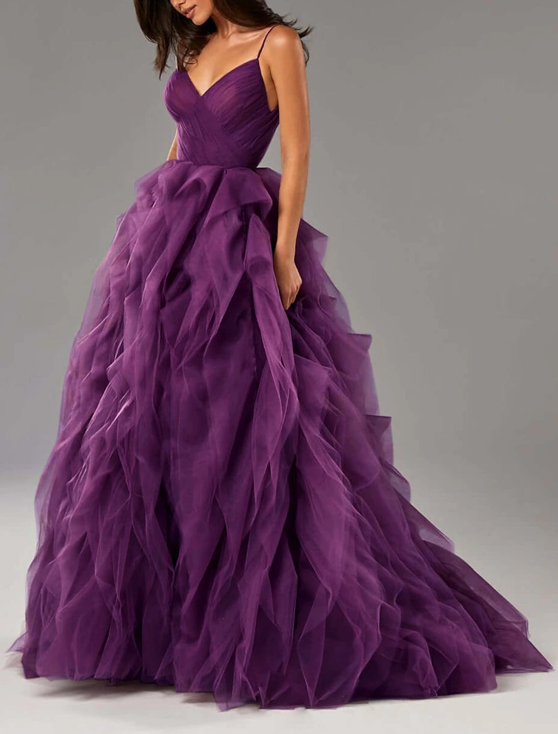 wholesale  Ball Gown Party Dress Beautiful Back Elegant Prom Formal Evening Dress V Neck Sleeveless Sweep / Brush Train Tulle with Ruffles Pure Color