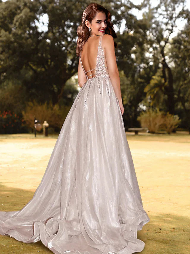 Wholesa A-Line Luxurious Sparkle & Shine Prom Formal Evening Dress V Neck Backless Sleeveless Sequined with Beading Sequin