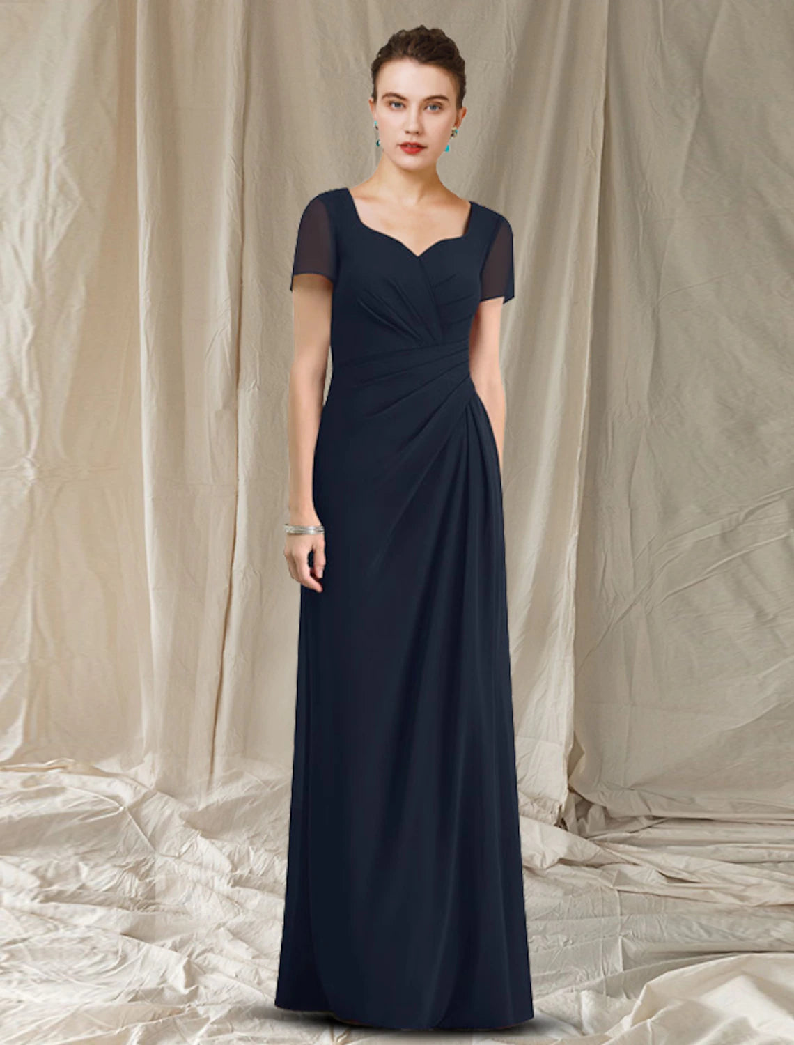 wholesale  Sheath / Column Mother of the Bride Dress Simple Elegant V Neck Floor Length Chiffon Short Sleeve with Ruched