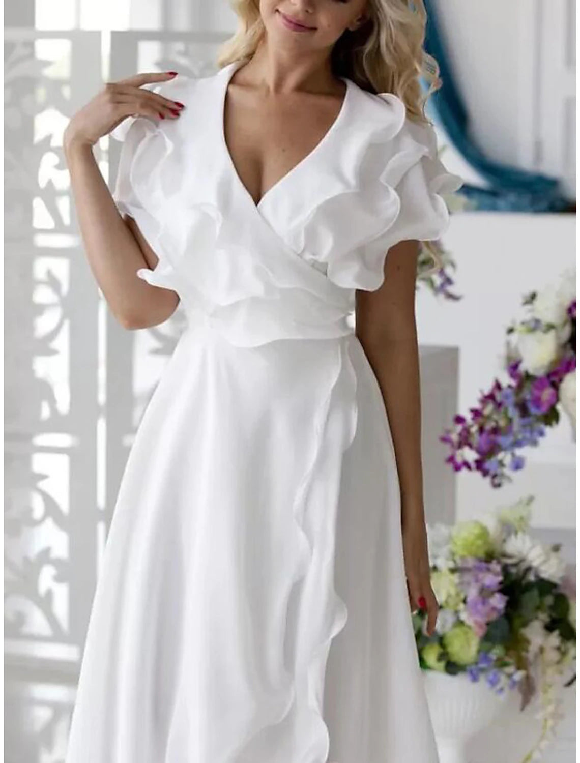 Wholesa A-Line Simple Wedding Dress Little White Dress Elegant High Low V Neck Plus Size Asymmetrical Chiffon Short Sleeve with Ruffles Split Front