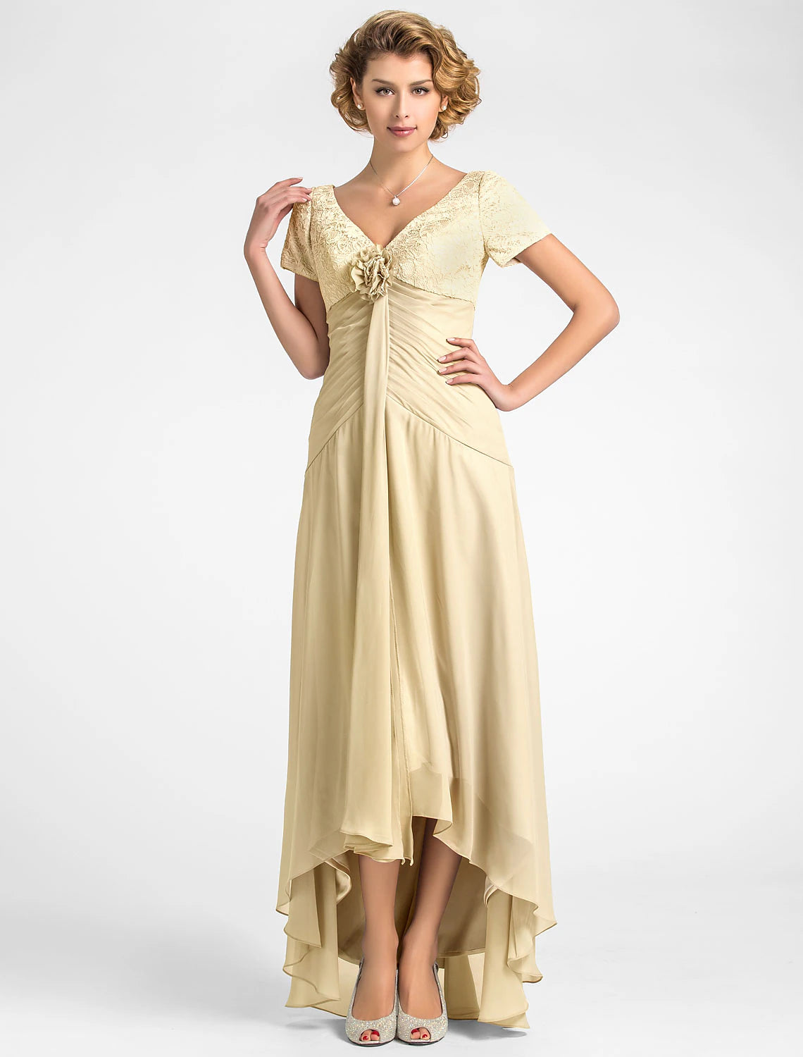wholesale   A-Line Mother of the Bride Dress Floral High Low V Neck Asymmetrical Chiffon Lace Short Sleeve with Pleats Flower