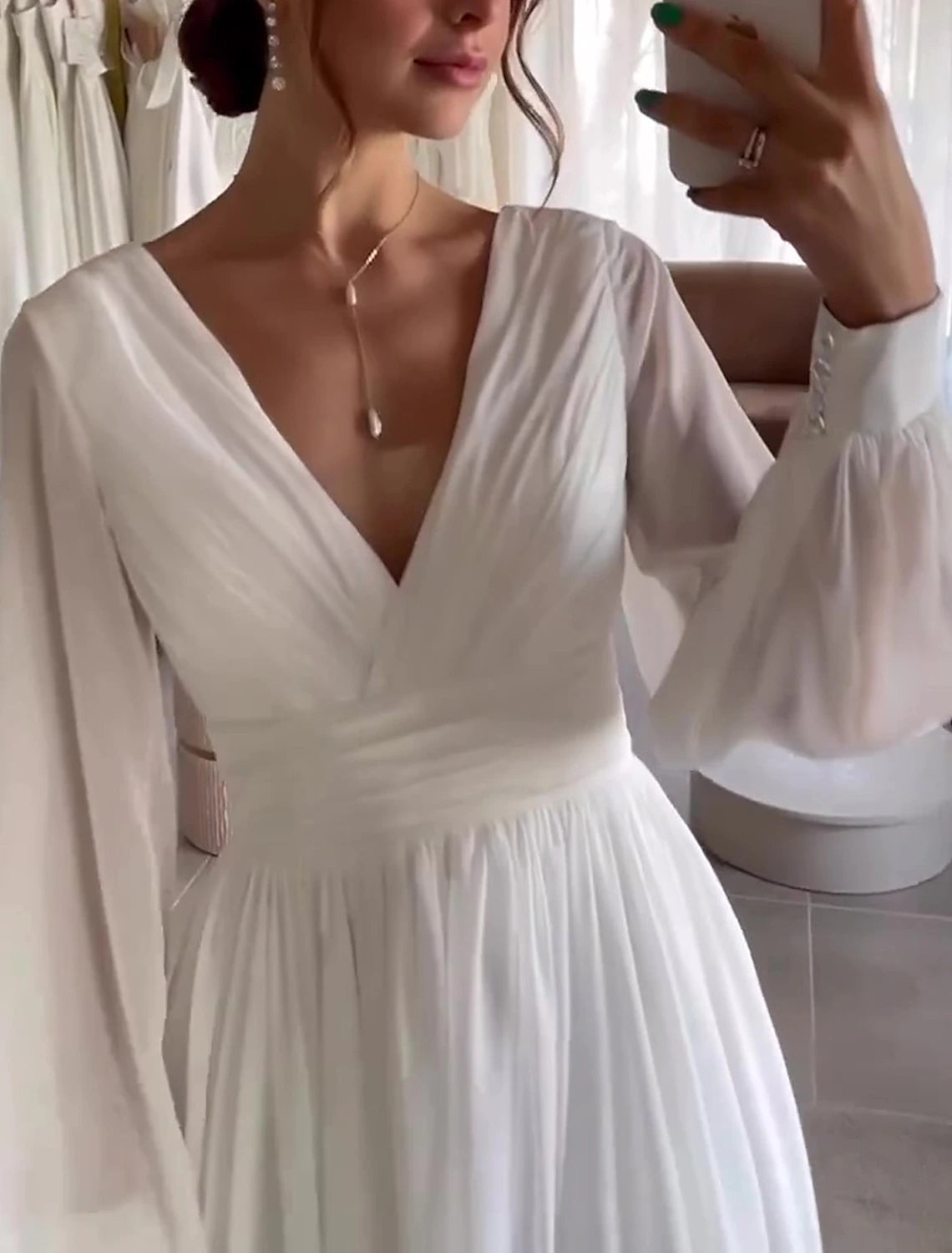 Wholesa  Little White Dresses Wedding Dresses A-Line V Neck Long Sleeve Tea Length Chiffon Bridal Gowns With Pleats Solid Color